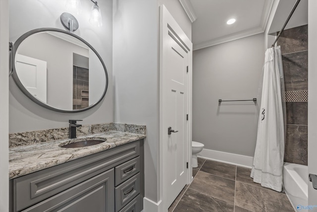 2603 Whitesburg Dr, Huntsville, AL 35801 - full bathroom with crown molding, vanity, shower / bath combination with curtain, baseboards, and toilet