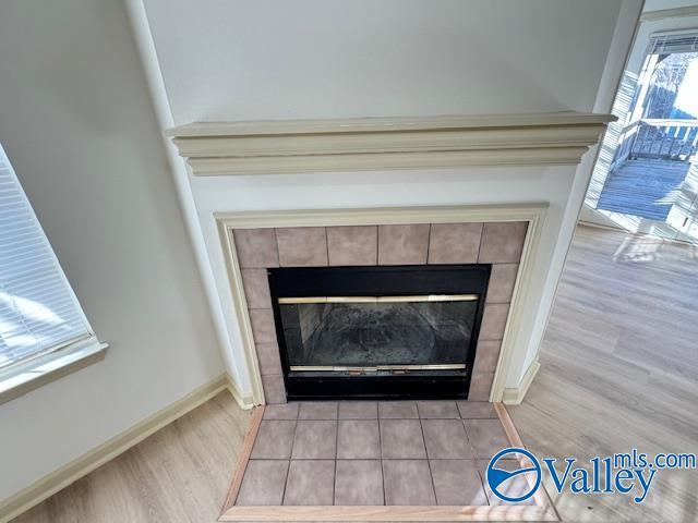 details featuring a tile fireplace and hardwood / wood-style floors