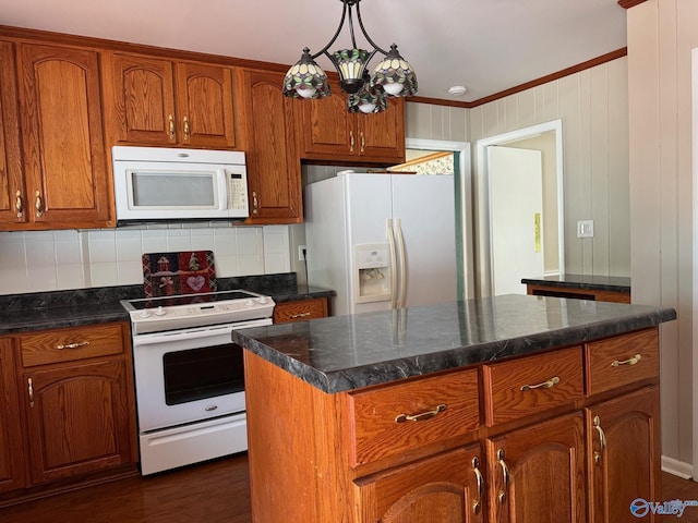kitchen featuring white appliances, decorative backsplash, ornamental molding, brown cabinets, and dark wood-style flooring
