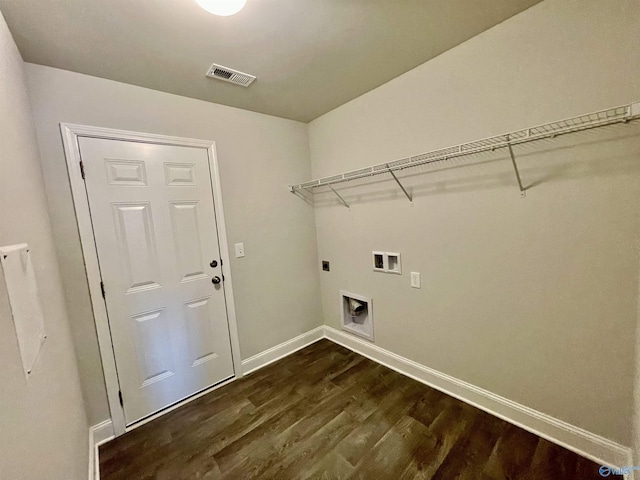 laundry room with visible vents, laundry area, baseboards, hookup for an electric dryer, and dark wood-style flooring