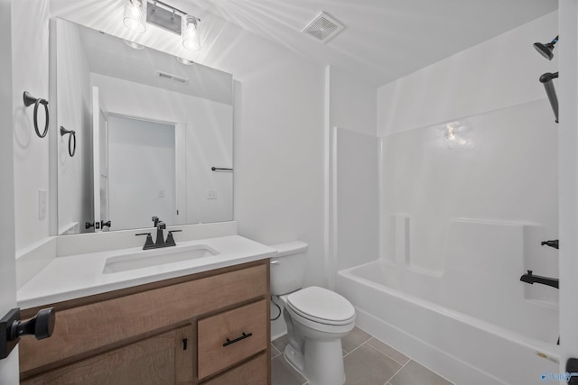 full bathroom with vanity, shower / tub combination, tile patterned floors, and toilet