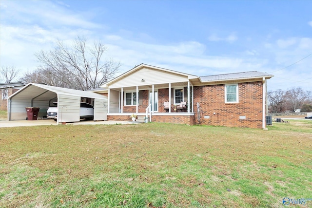 ranch-style home with central air condition unit, a carport, a porch, and a front yard