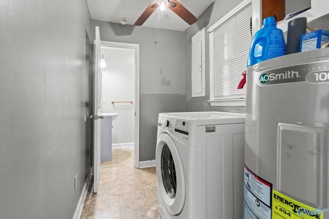 clothes washing area featuring electric panel, ceiling fan, and water heater