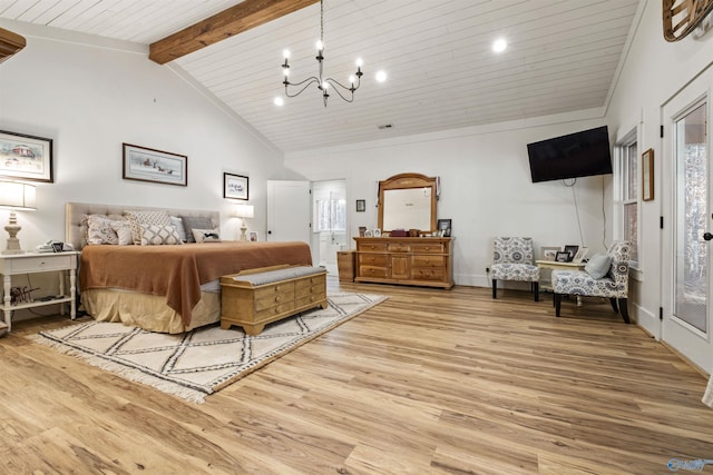 bedroom with wooden ceiling, a notable chandelier, lofted ceiling with beams, and wood finished floors