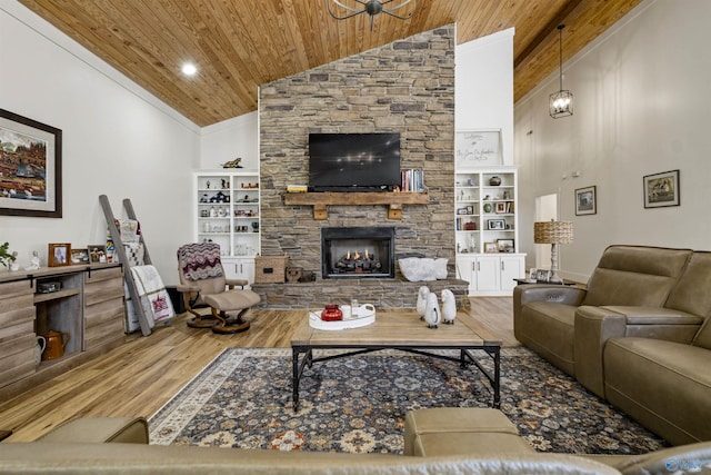 living area with high vaulted ceiling, a stone fireplace, wood finished floors, and wood ceiling