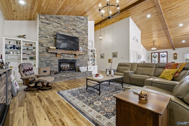 living room featuring high vaulted ceiling, a fireplace, wood finished floors, wood ceiling, and beamed ceiling