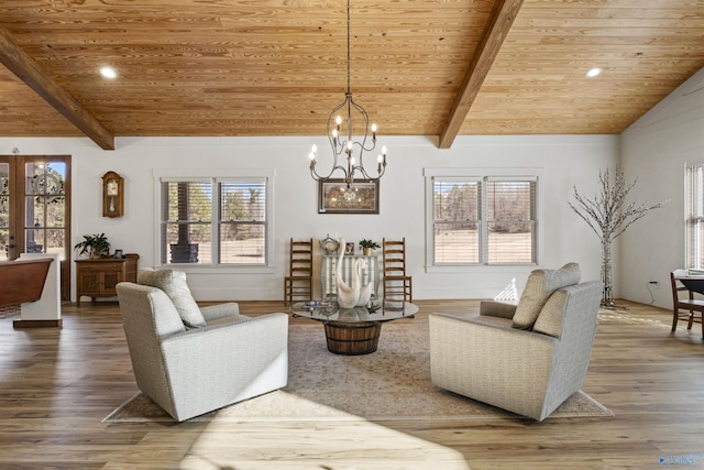 living area with vaulted ceiling with beams, wooden ceiling, and wood finished floors