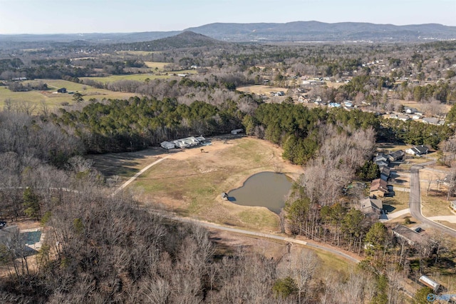 drone / aerial view with a water and mountain view