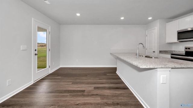 kitchen with sink, white cabinetry, light stone counters, dark hardwood / wood-style floors, and stainless steel appliances