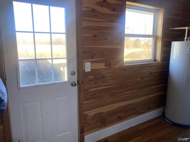 doorway featuring water heater, dark wood-type flooring, and a wealth of natural light