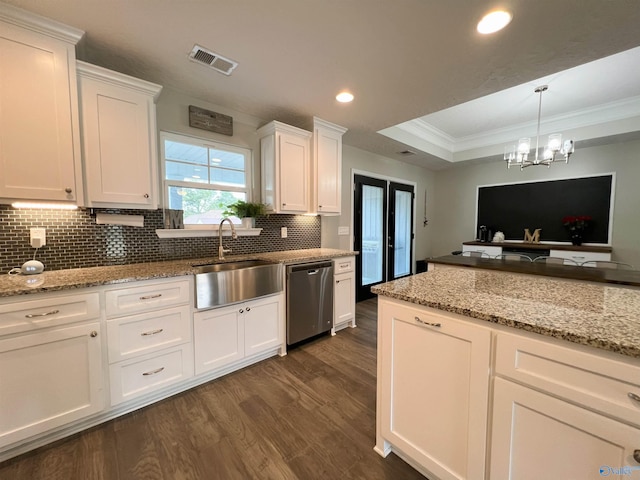1575 Cottage Ln, Southside, AL 35907 - kitchen featuring dishwasher, ornamental molding, white cabinetry, dark wood-style floors, and backsplash