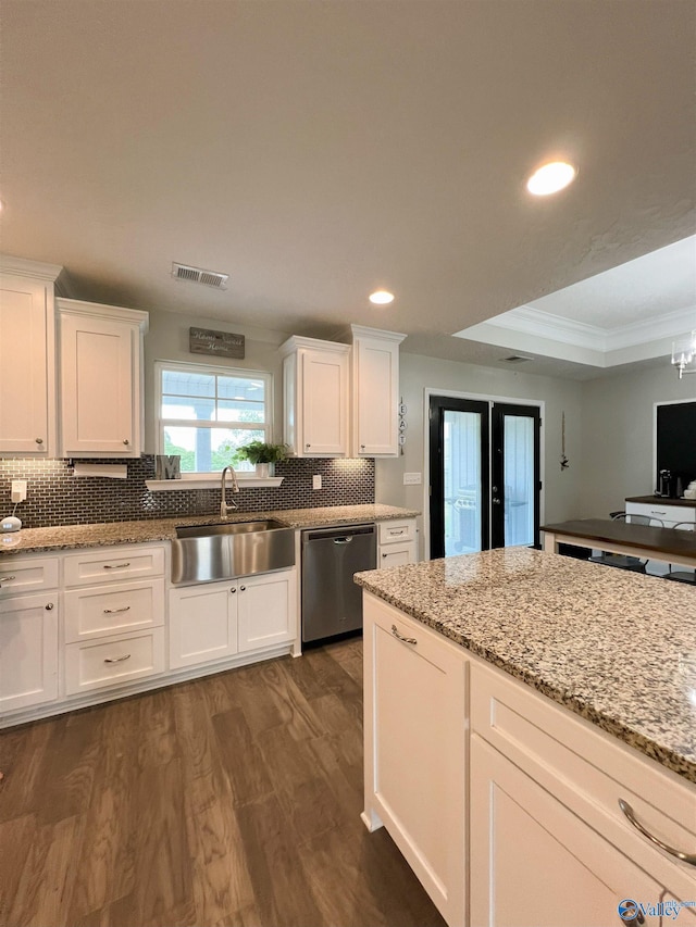 1575 Cottage Ln, Southside, AL 35907 - kitchen featuring dishwasher, a sink, white cabinetry, tasteful backsplash, and recessed lighting