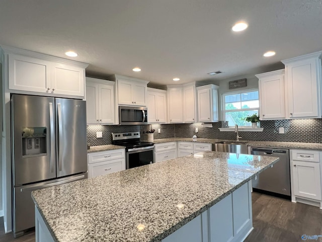 1575 Cottage Ln, Southside, AL 35907 - kitchen with appliances with stainless steel finishes, a sink, white cabinetry, backsplash, and recessed lighting