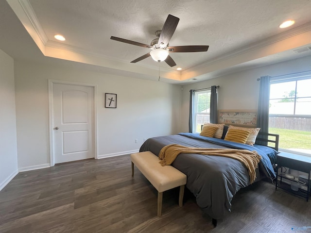 1575 Cottage Ln, Southside, AL 35907 - bedroom with a raised ceiling, ornamental molding, dark wood-style flooring, baseboards, and recessed lighting
