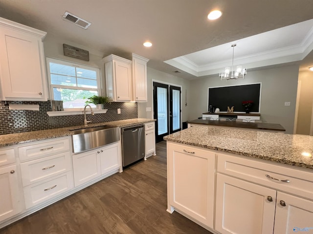 1575 Cottage Ln, Southside, AL 35907 - kitchen featuring stainless steel dishwasher, a sink, crown molding, a raised ceiling, and dark wood finished floors
