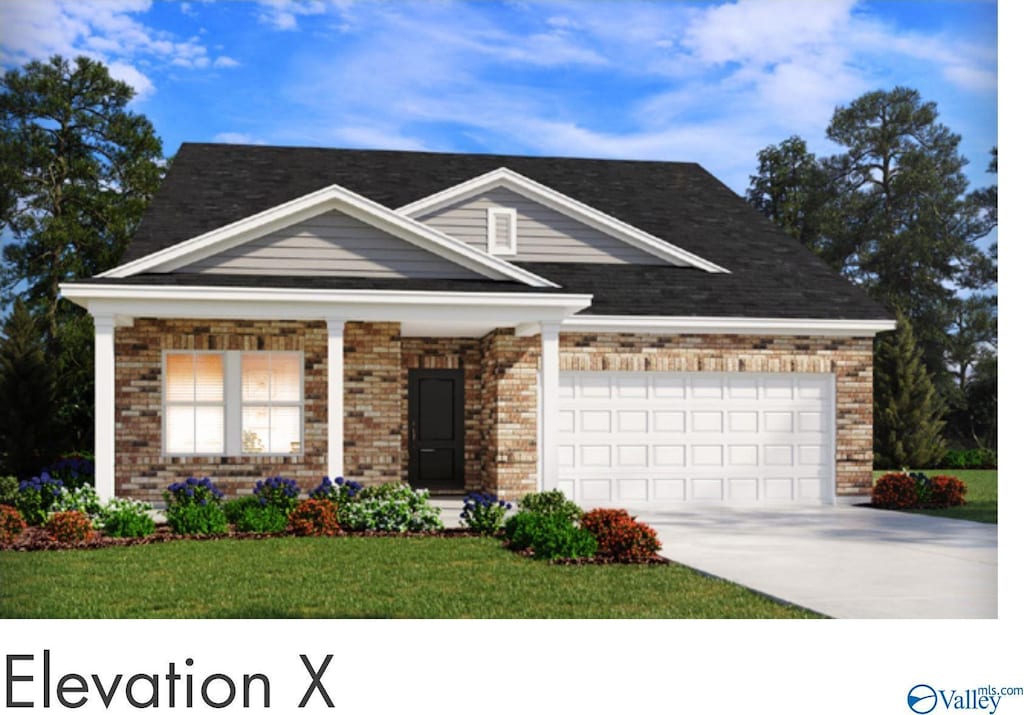view of front facade with a porch, brick siding, driveway, a front lawn, and an attached garage