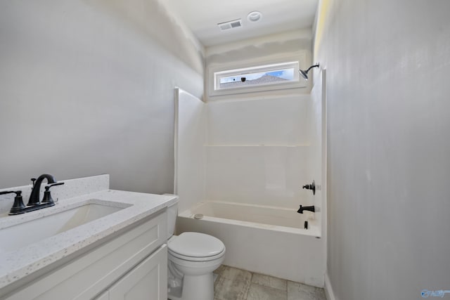 bathroom featuring toilet, shower / tub combination, visible vents, and vanity