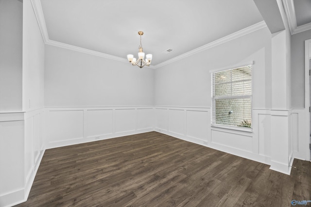 unfurnished dining area featuring a notable chandelier, ornamental molding, and dark wood finished floors