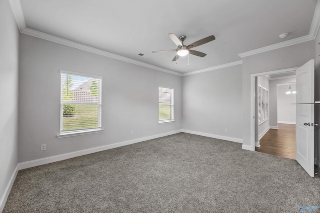 unfurnished bedroom with baseboards, ornamental molding, multiple windows, and dark colored carpet