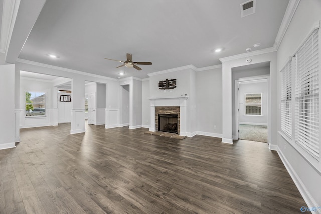unfurnished living room with a ceiling fan, visible vents, dark wood-style floors, and recessed lighting