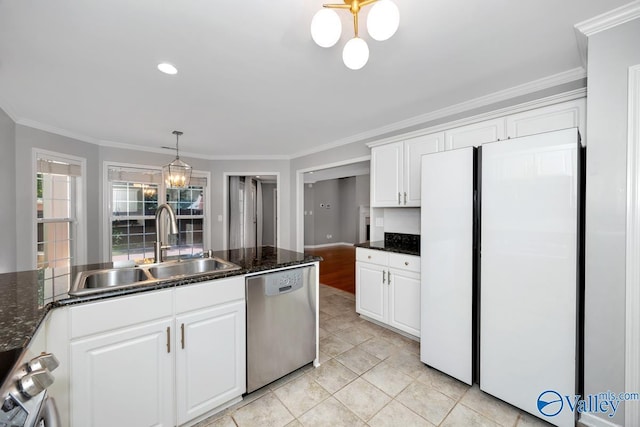 114 Canterbury Dr, Madison, AL 35758 - kitchen featuring dishwasher, freestanding refrigerator, ornamental molding, white cabinets, and pendant lighting