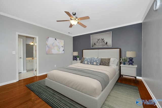 114 Canterbury Dr, Madison, AL 35758 - bedroom featuring wood finished floors, ornamental molding, a ceiling fan, and connected bathroom