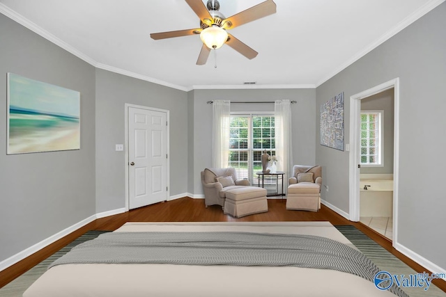 114 Canterbury Dr, Madison, AL 35758 - bedroom featuring wood finished floors, multiple windows, crown molding, and a ceiling fan
