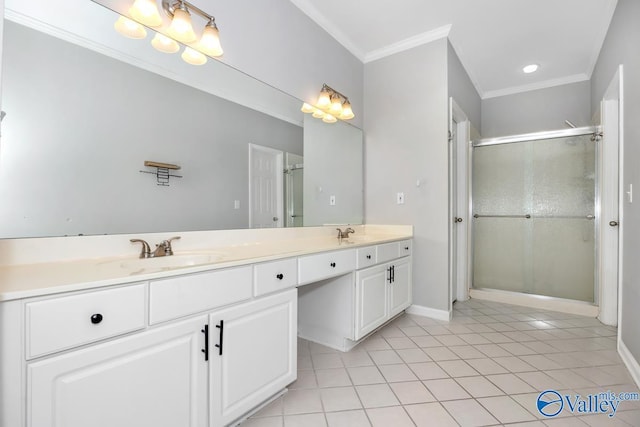 114 Canterbury Dr, Madison, AL 35758 - full bath featuring double vanity, ornamental molding, a shower stall, and tile patterned floors