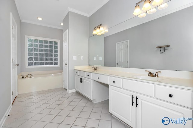 114 Canterbury Dr, Madison, AL 35758 - full bathroom with double vanity, a garden tub, ornamental molding, recessed lighting, and tile patterned flooring