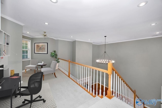 114 Canterbury Dr, Madison, AL 35758 - carpeted office space with recessed lighting, crown molding, and a ceiling fan
