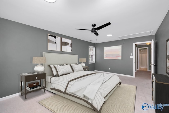 114 Canterbury Dr, Madison, AL 35758 - bedroom featuring attic access, light carpet, and ceiling fan
