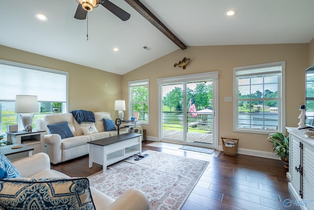 915 County Road 349, Leesburg, AL 35983 - living room with hardwood / wood-style floors, visible vents, lofted ceiling with beams, and ceiling fan