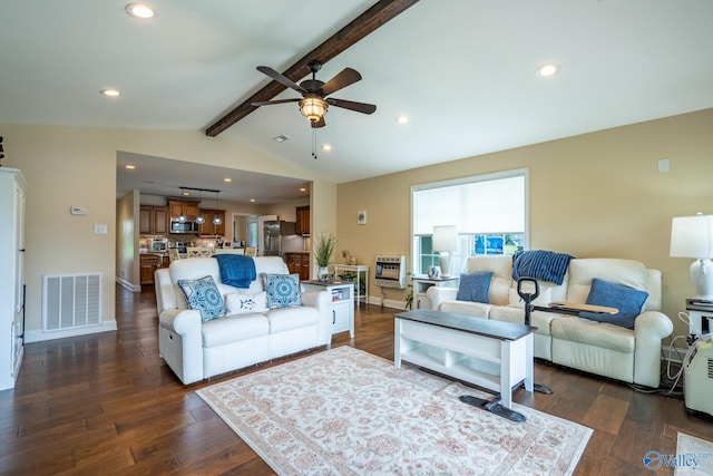 915 County Road 349, Leesburg, AL 35983 - living room with lofted ceiling with beams, ceiling fan, dark wood-style flooring, visible vents, and recessed lighting