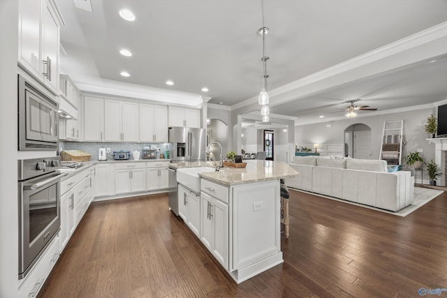 7417 Nature Walk Way SE, Owens Cross Roads, AL 35763 - kitchen with stainless steel appliances, a sink, a ceiling fan, recessed lighting, and open floor plan