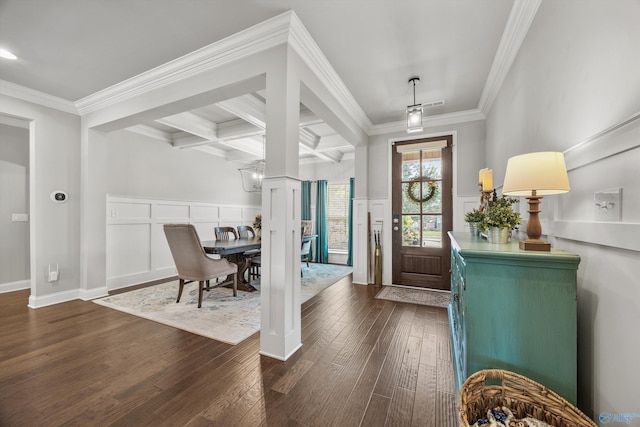 7417 Nature Walk Way SE, Owens Cross Roads, AL 35763 - entryway with a decorative wall, dark wood-type flooring, beam ceiling, ornamental molding, and wainscoting