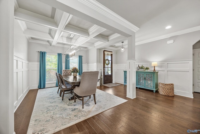 7417 Nature Walk Way SE, Owens Cross Roads, AL 35763 - dining room featuring a decorative wall, beam ceiling, dark wood finished floors, wainscoting, and a chandelier