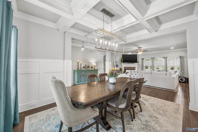 7417 Nature Walk Way SE, Owens Cross Roads, AL 35763 - dining area featuring coffered ceiling, a ceiling fan, beam ceiling, dark wood-style floors, and a decorative wall