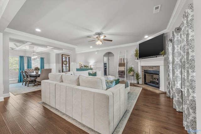 7417 Nature Walk Way SE, Owens Cross Roads, AL 35763 - living area with recessed lighting, a stone fireplace, a ceiling fan, dark wood-style flooring, and beamed ceiling