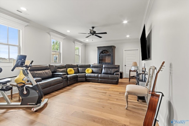 living room featuring ceiling fan, light hardwood / wood-style flooring, and ornamental molding