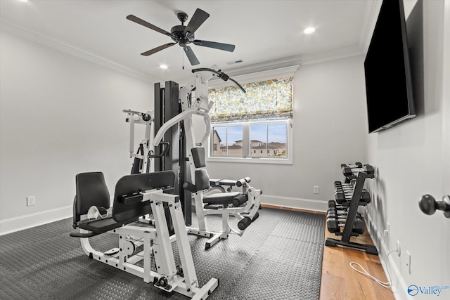 workout room featuring wood-type flooring, ceiling fan, and ornamental molding