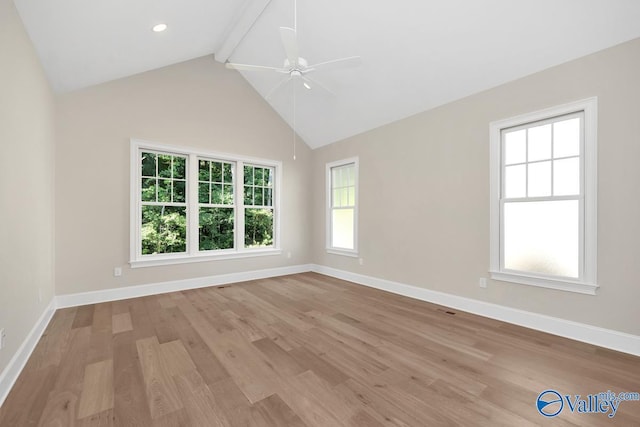 unfurnished room featuring beamed ceiling, high vaulted ceiling, ceiling fan, and light wood-type flooring