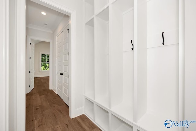 mudroom featuring wood-type flooring and ornamental molding