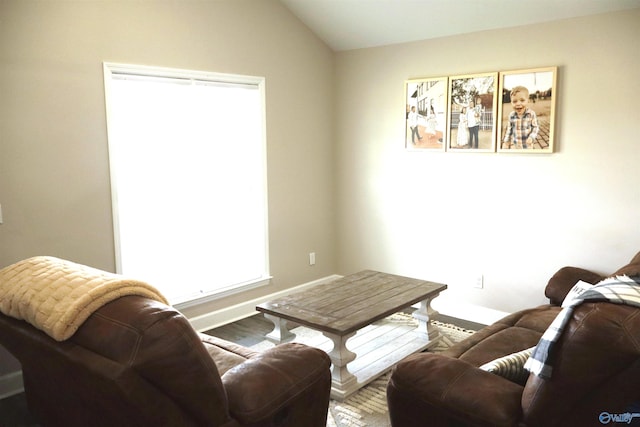 living room with lofted ceiling and hardwood / wood-style floors