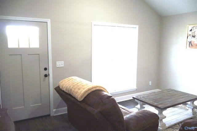 entrance foyer featuring lofted ceiling, a wealth of natural light, and dark hardwood / wood-style floors