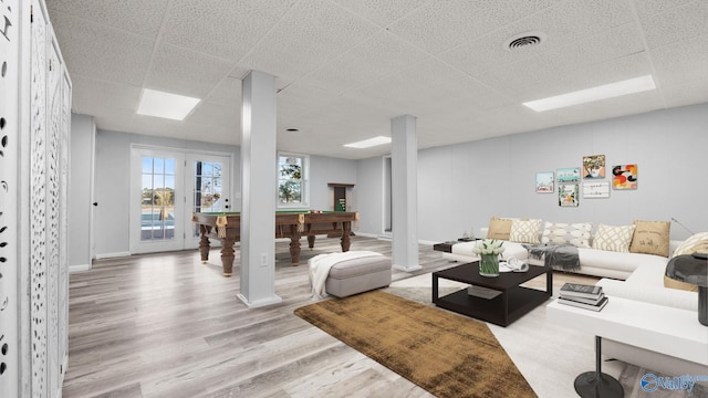 2055 Big Nose Dr, Centre, AL 35960 - living area featuring pool table, light wood finished floors, a paneled ceiling, and french doors