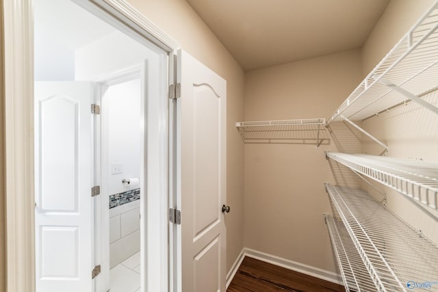 walk in closet with wood-type flooring