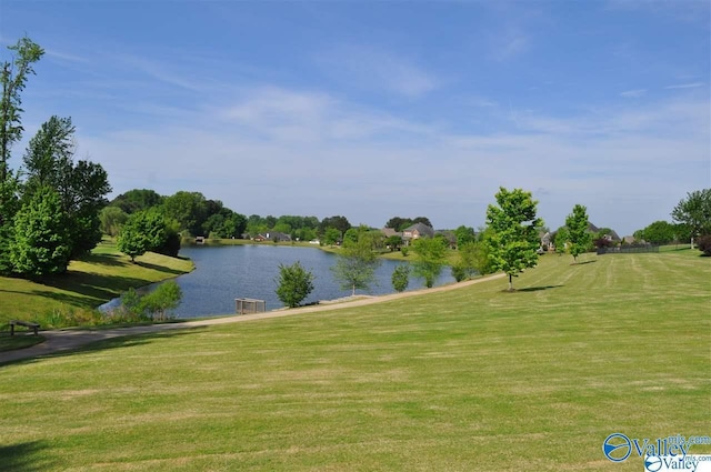 view of community featuring a lawn and a water view