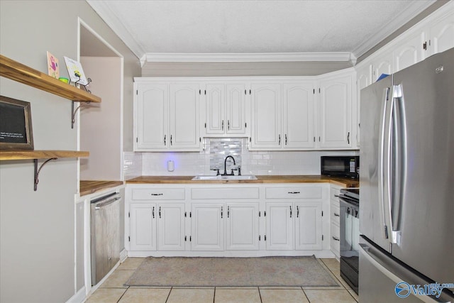 kitchen with white cabinets, a sink, black appliances, and open shelves