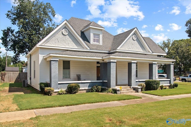 view of front of home featuring central AC unit, a porch, and a front yard