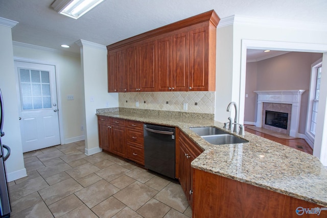 kitchen with ornamental molding, dishwasher, sink, and light stone countertops